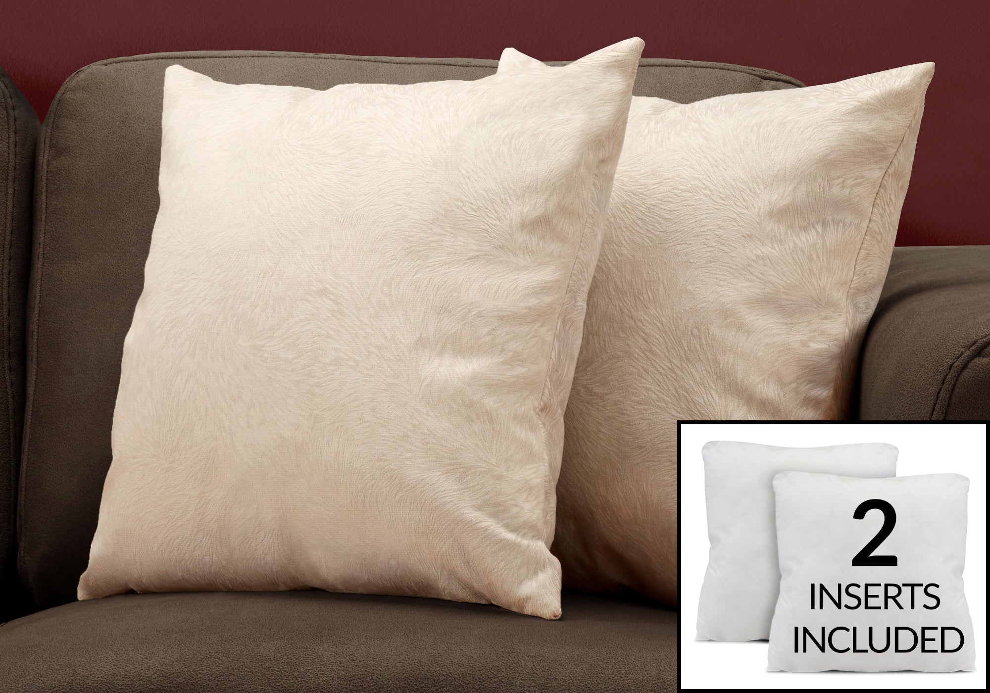 COUSSIN - 18"X 18" / VELOURS À PLUMES TAUPE PÂLE / 2PCS 