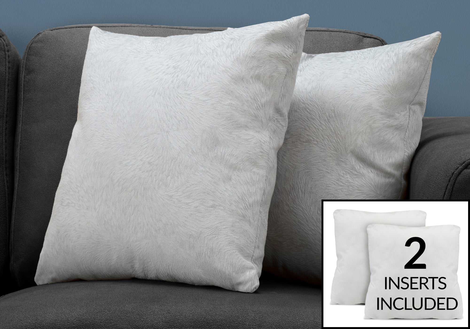 COUSSIN - 18"X 18" / VELOURS PLUME GRIS PALE / 2PCS 