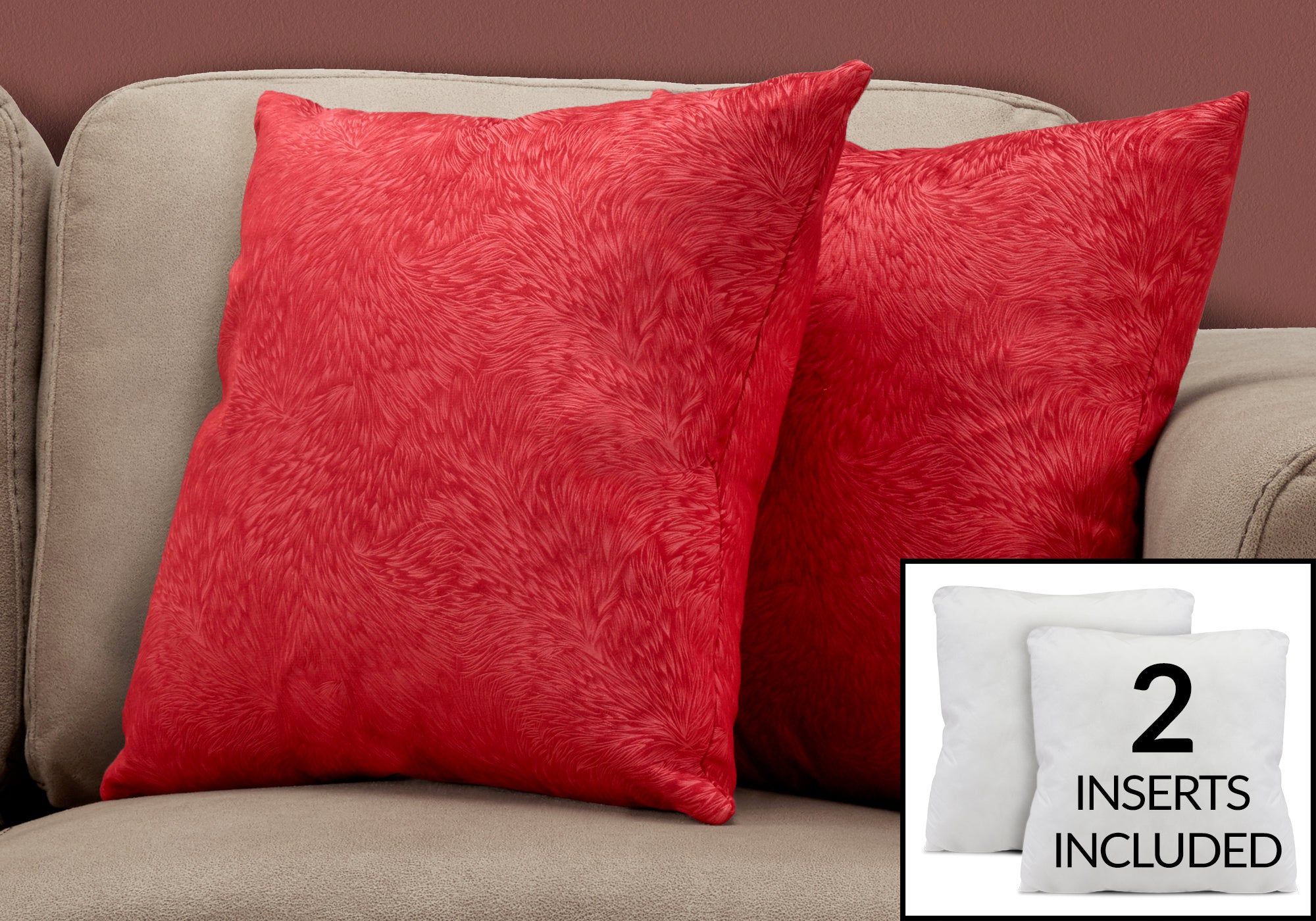 COUSSIN - 18"X 18" / VELOURS PLUME ROUGE / 2PCS 