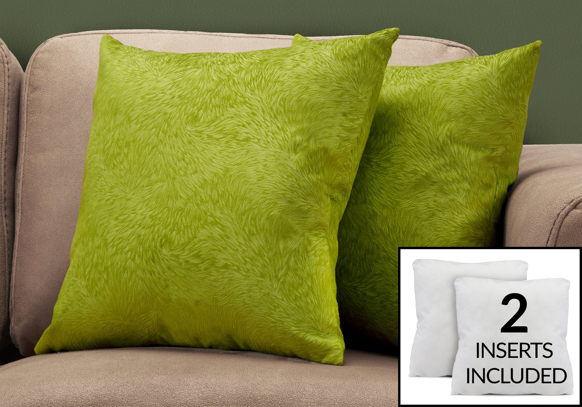 COUSSIN - 18"X 18" / VELOURS PLUME VERT LIME / 2PCS 