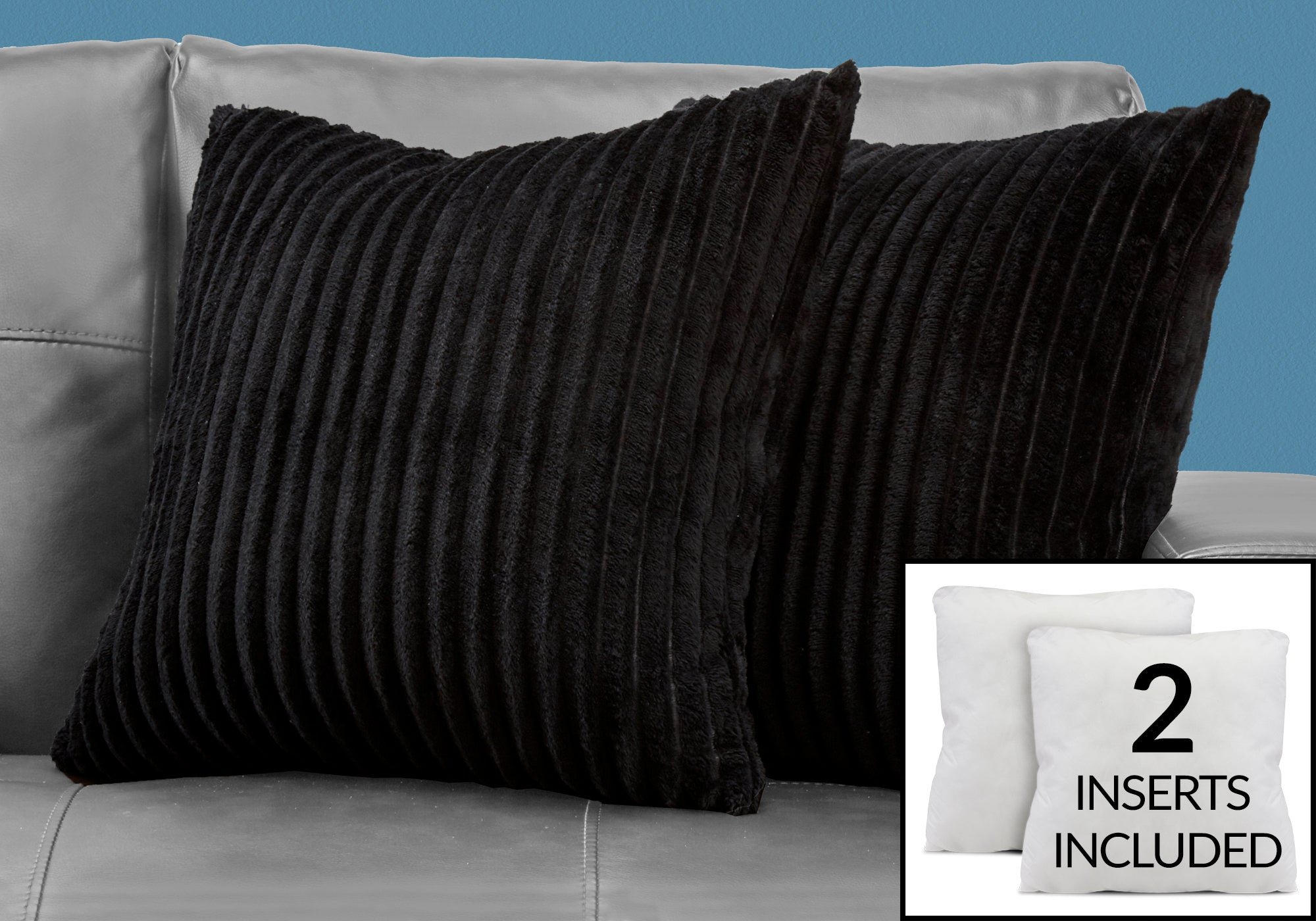 COUSSIN - 18"X 18" / STYLE CÔTELÉ ULTRA DOUX NOIR / 2PCS 