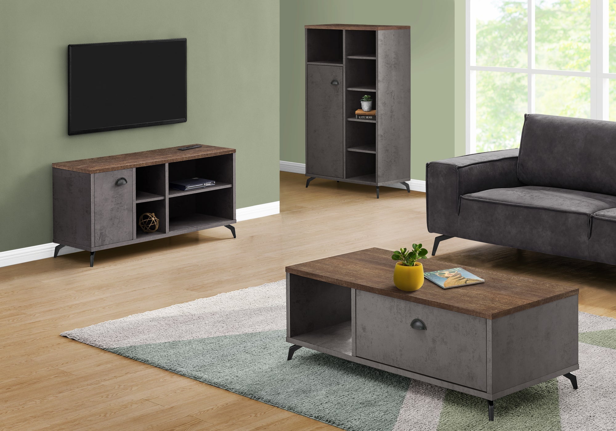 MEUBLE TV - 48"L / BÉTON GRIS / FAUX BOIS BRUN MOYEN