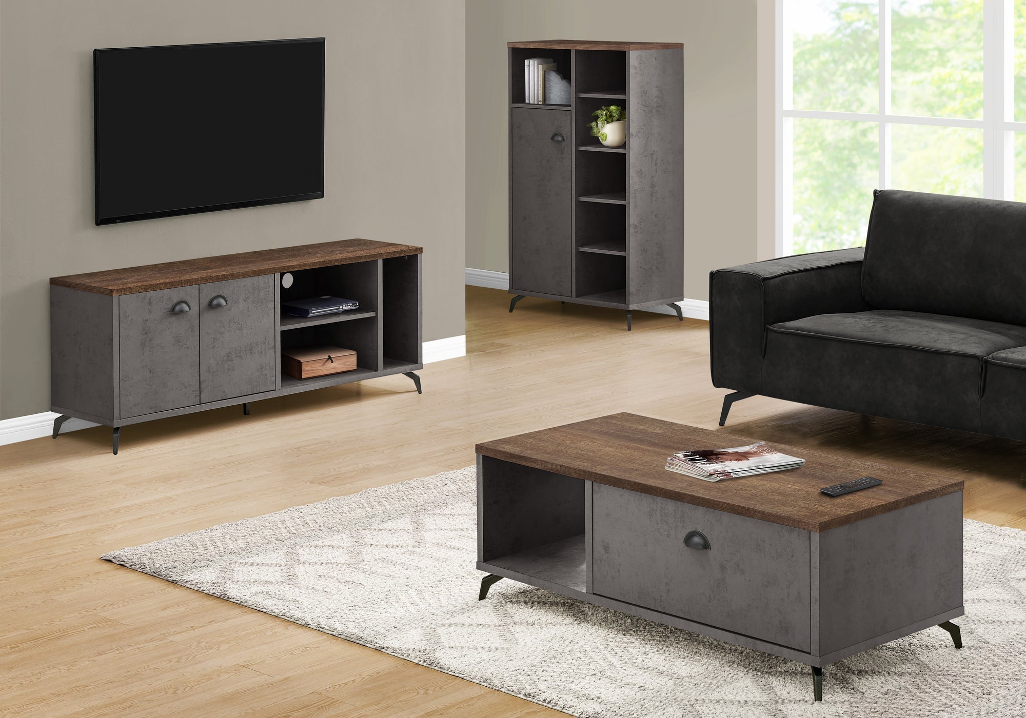MEUBLE TV - 60"L / BÉTON GRIS / FAUX BOIS BRUN MOYEN