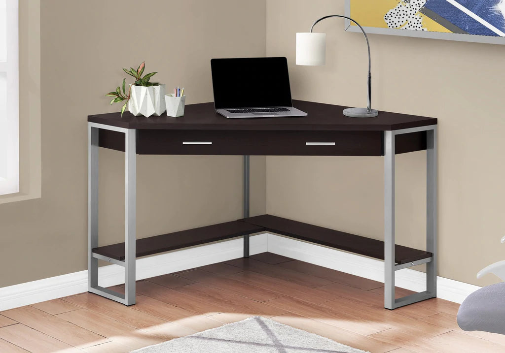 BUREAU D'ORDINATEUR - 42"L / EN COIN ESPRESSO / METAL ARGENT 