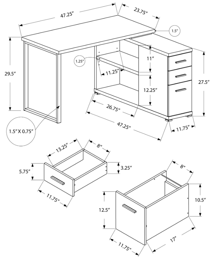 BUREAU D'ORDINATEUR - COIN TAUPE FONCÉ AVEC VERRE TREMPÉ 