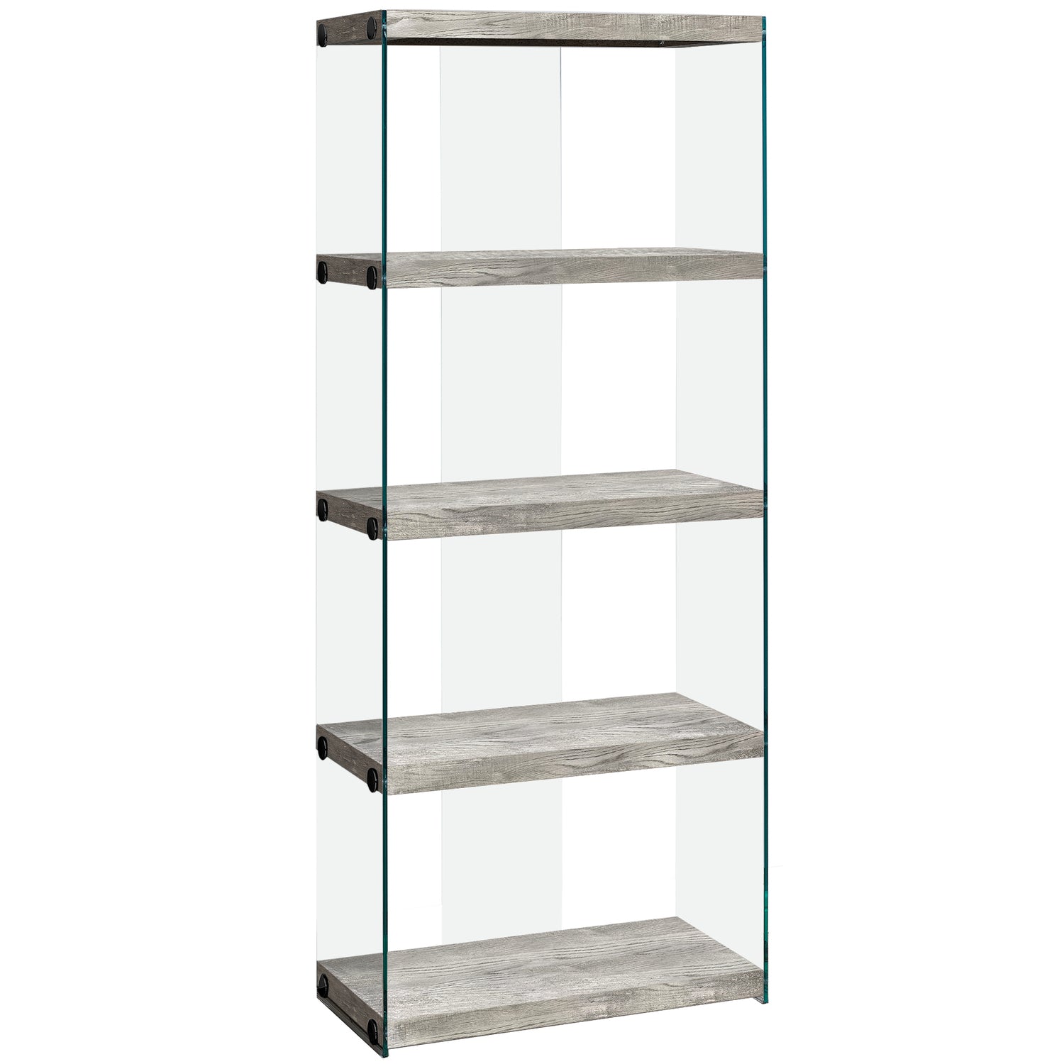 BIBLIOTHÈQUE - 60"H / SIMILI BOIS GRIS / PANNEAUX DE VERRE