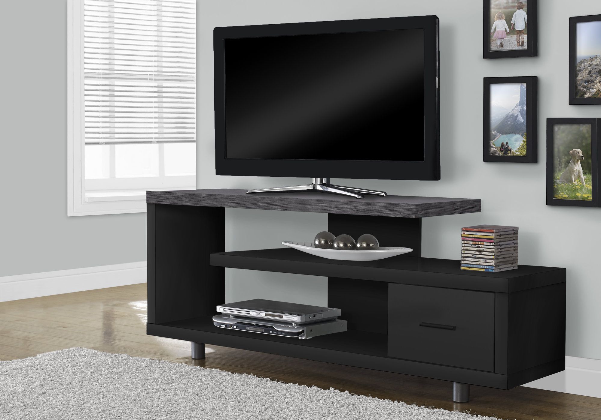 MEUBLE TV - 60"L / NOIR / DESSUS GRIS AVEC 1 TIROIR