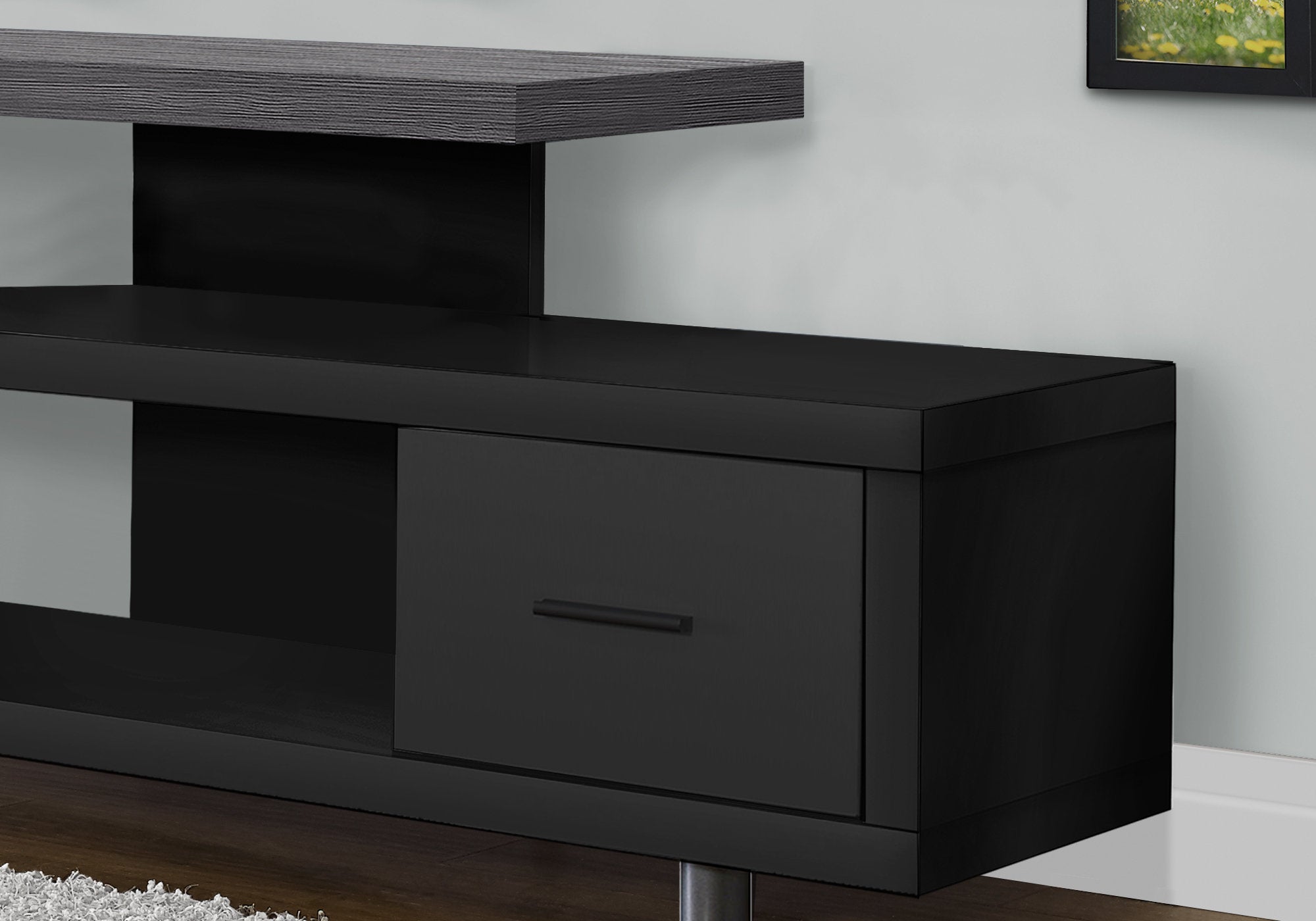 MEUBLE TV - 60"L / NOIR / DESSUS GRIS AVEC 1 TIROIR
