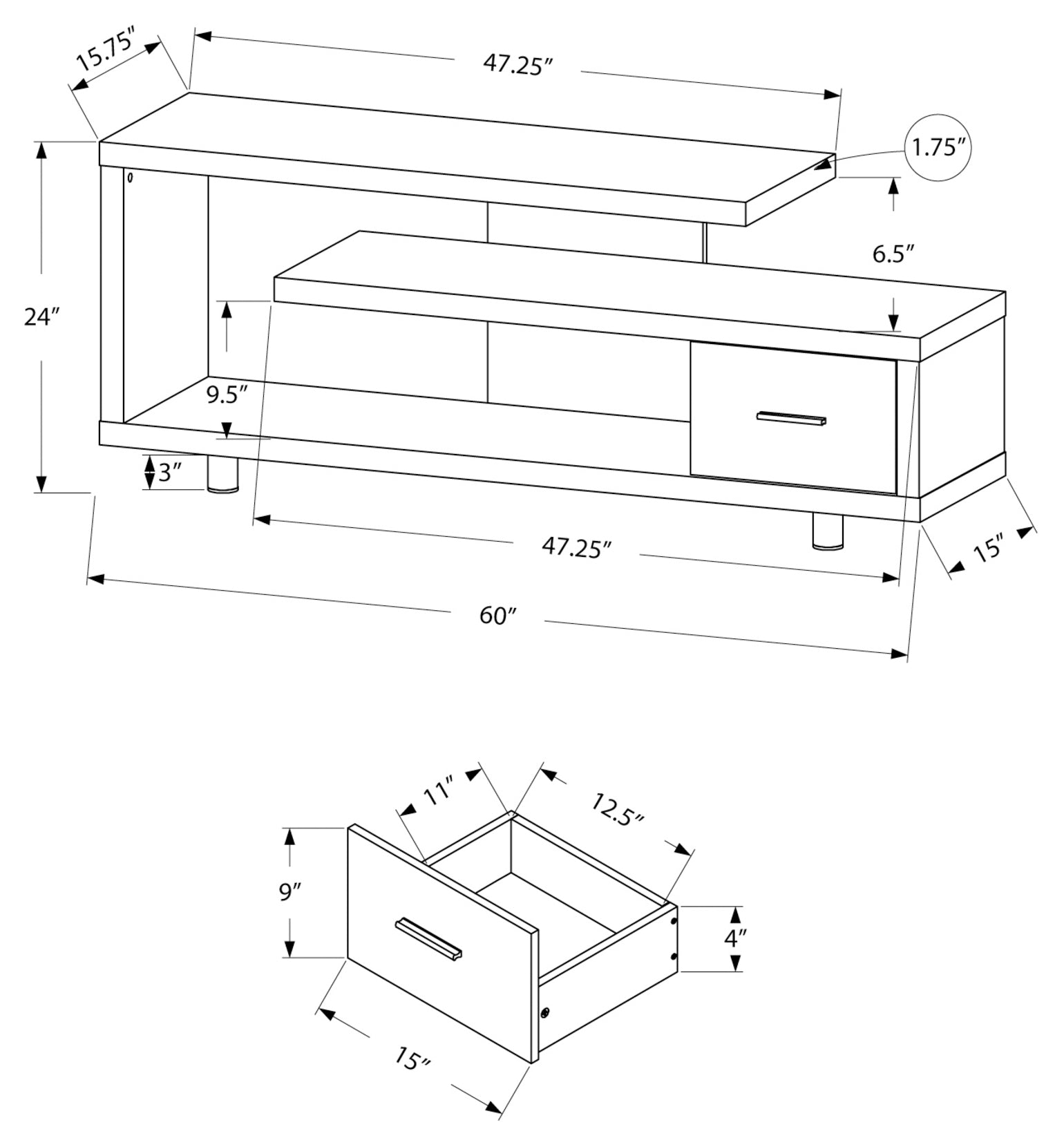 MEUBLE TV - 60"L / NOIR / DESSUS GRIS AVEC 1 TIROIR