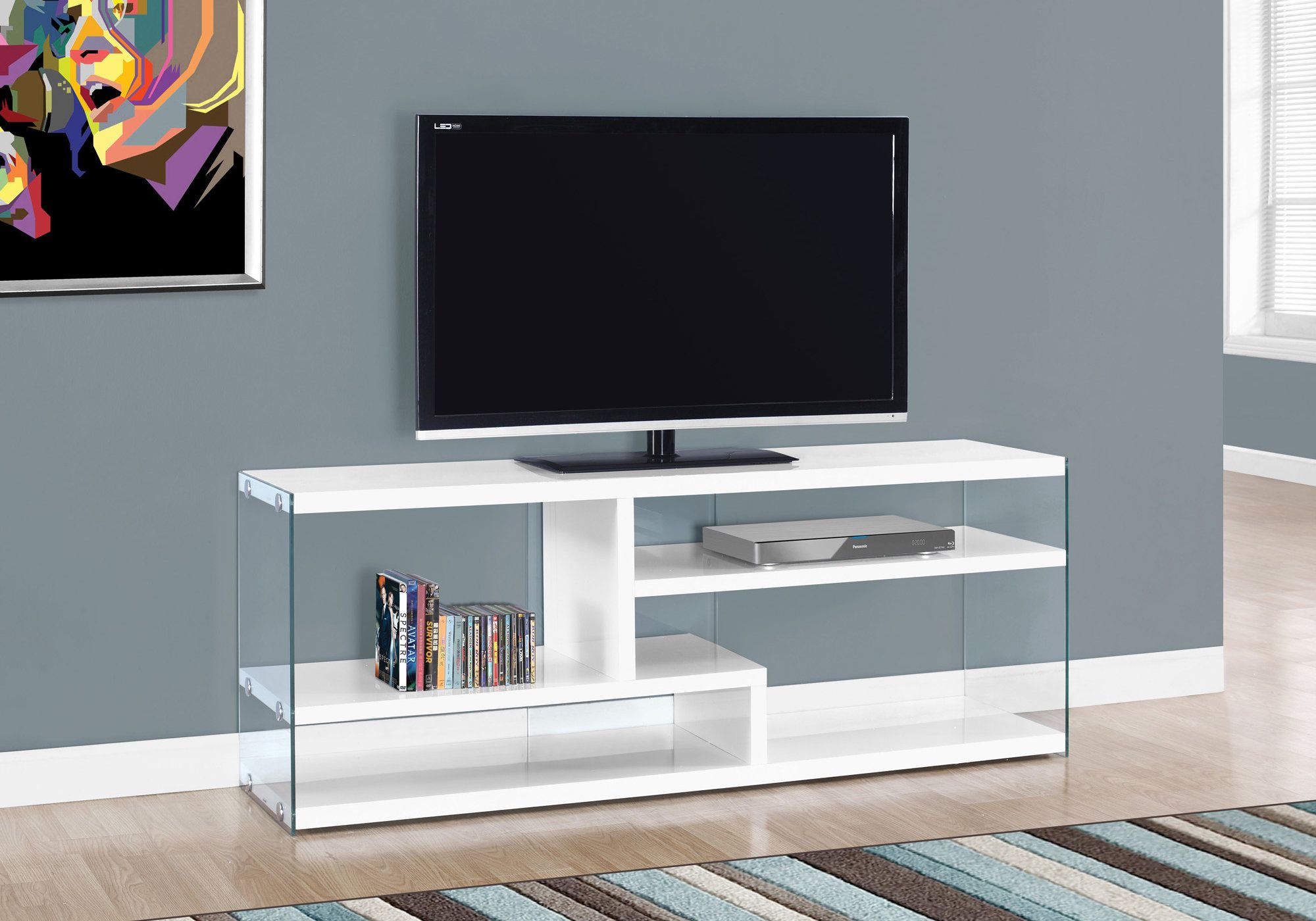 MEUBLE TV - 60"L / BLANC LUSTER ET VERRE TREMPE
