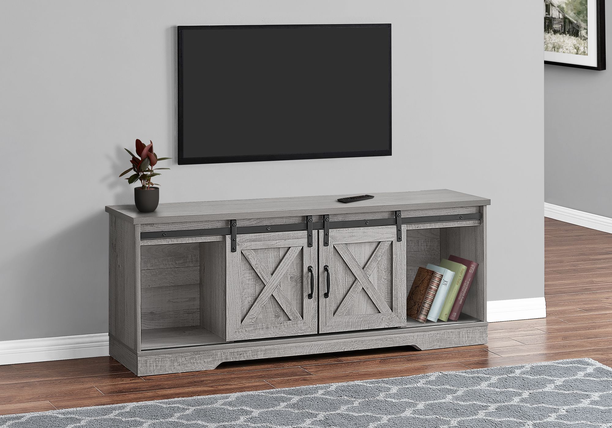 MEUBLE TV - 60"L / GRIS AVEC 2 PORTES COULISSANTES