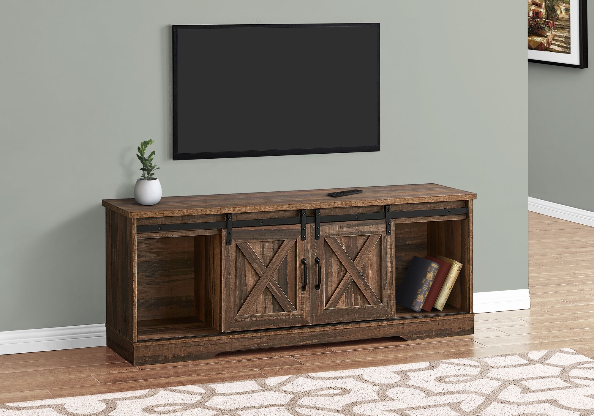 MEUBLE TV - 60"L / FAUX BOIS BRUN / 2 PORTES COULISSANTES