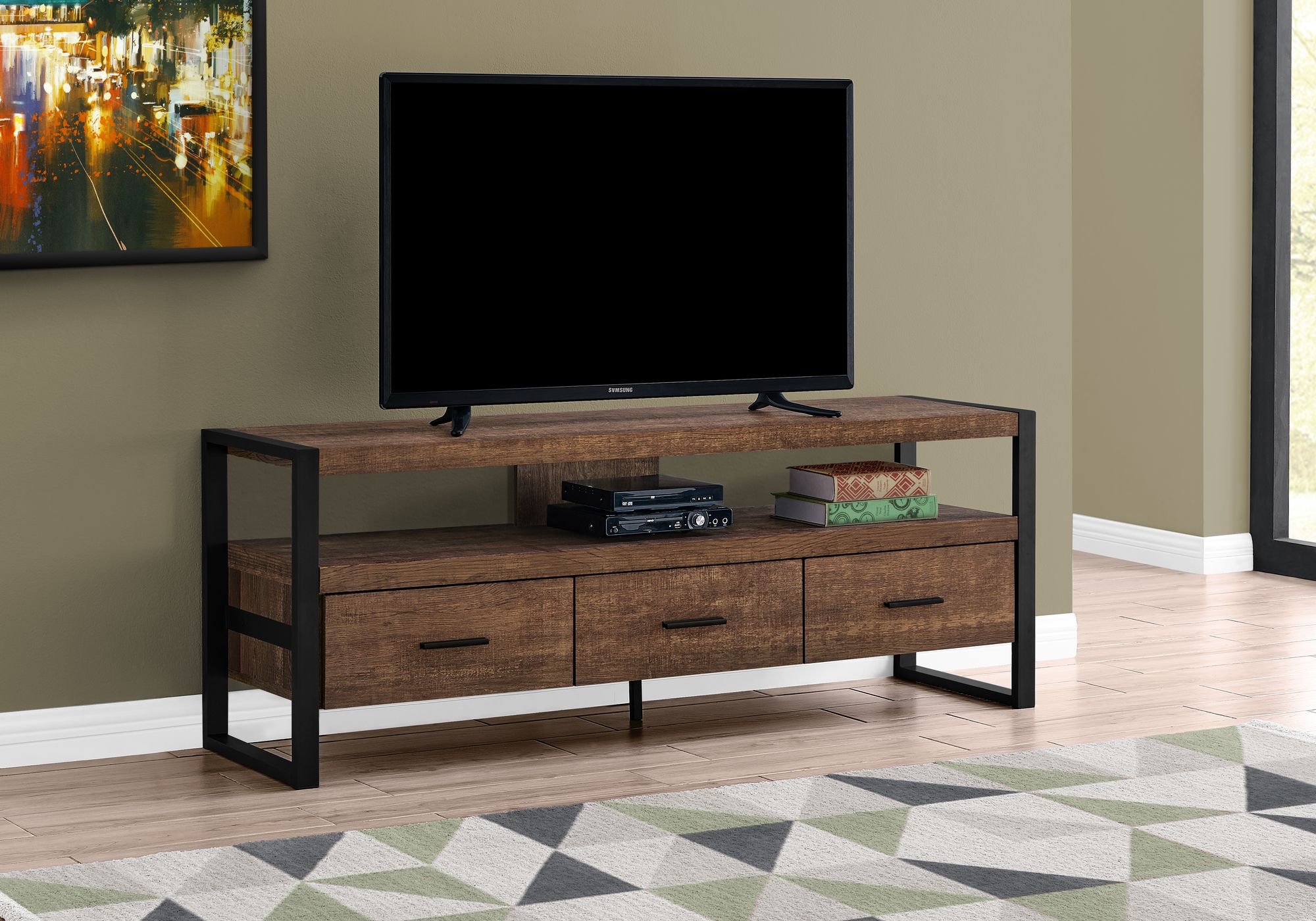MEUBLE TV - 60"L / FAUX BOIS BRUN / 3 TIROIRS