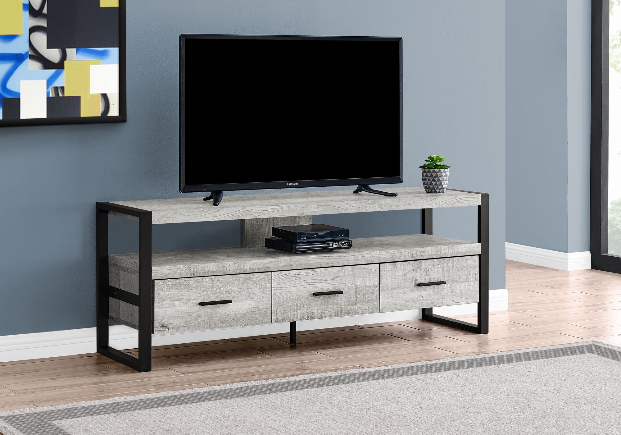 MEUBLE TV - 60"L / FAUX BOIS GRIS / 3 TIROIRS
