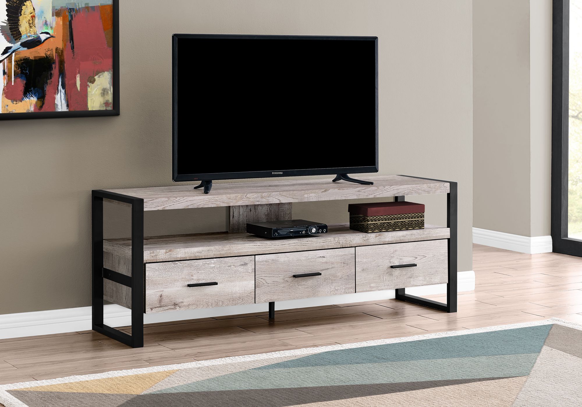 MEUBLE TV - 60"L / FAUX BOIS TAUPE / 3 TIROIRS