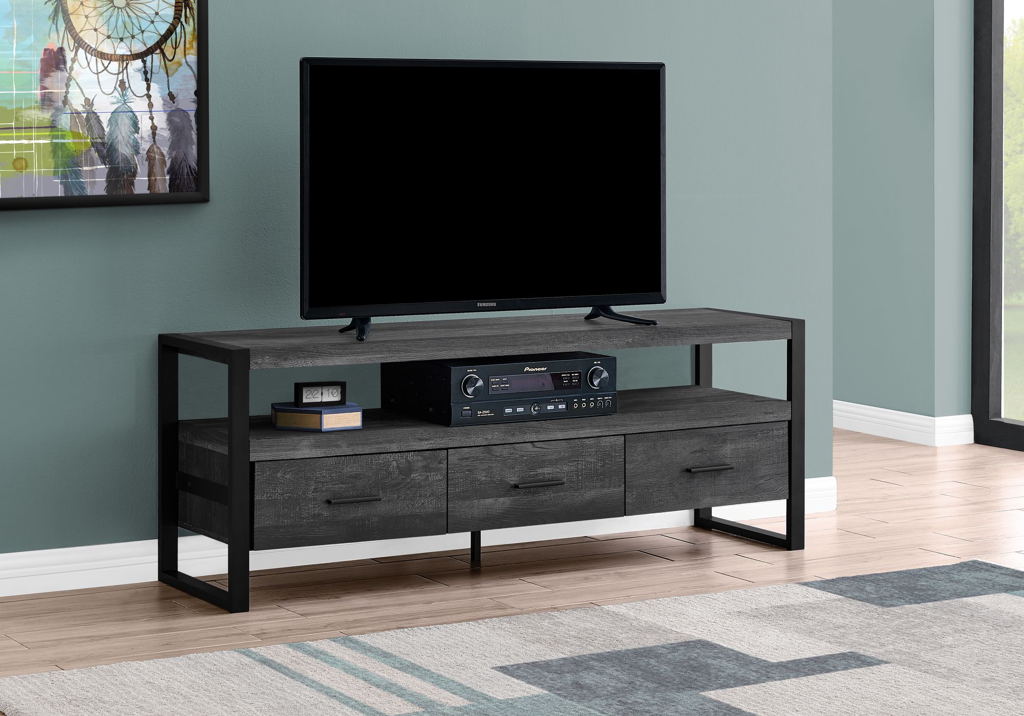 MEUBLE TV - 60"L / FAUX BOIS NOIR / 3 TIROIRS