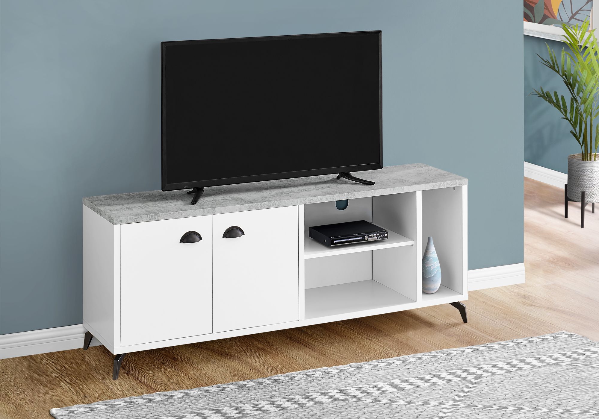 MEUBLE TV - 60"L / DESSUS SIMILI-CIMENT GRIS / BLANC