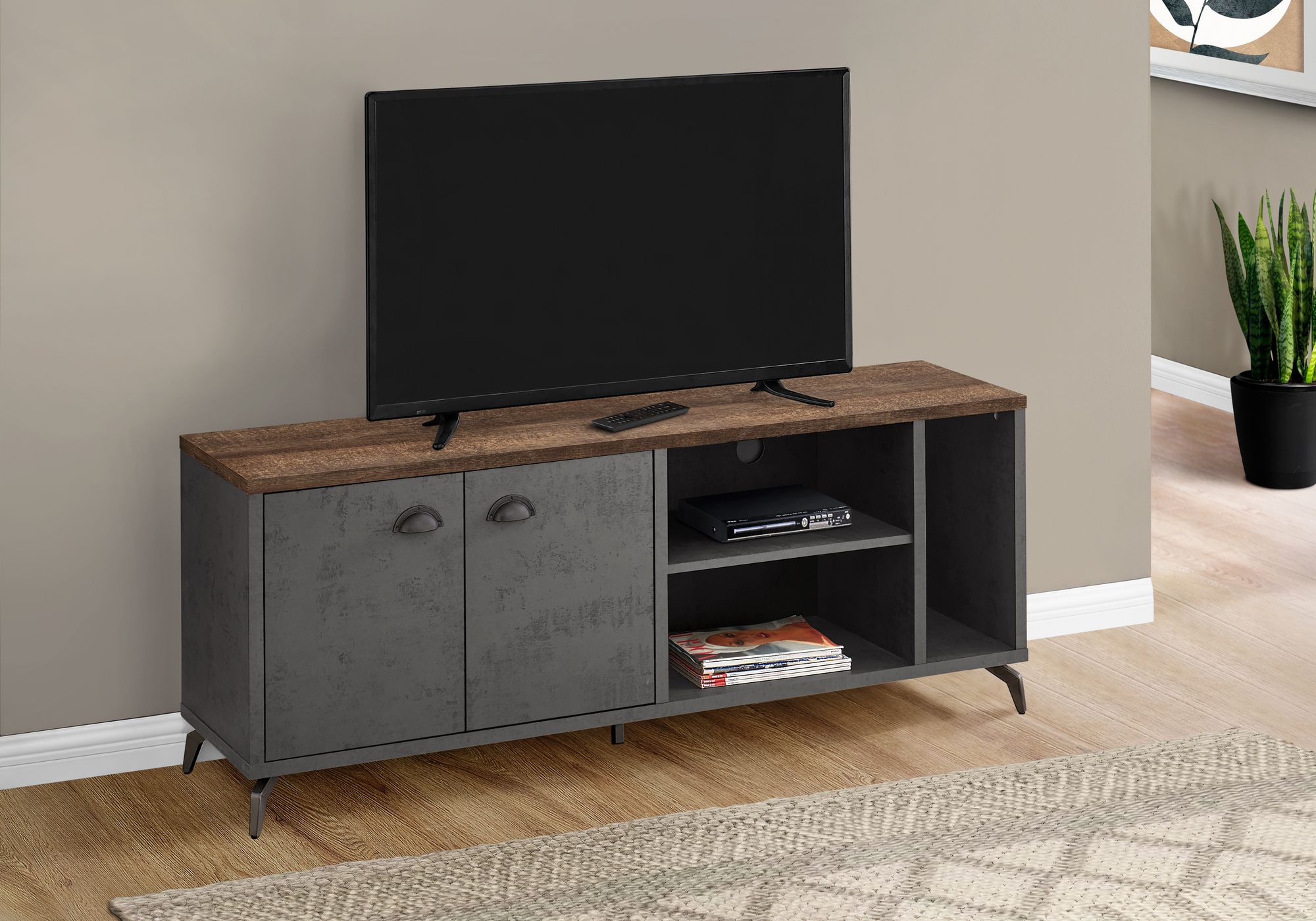 MEUBLE TV - 60"L / BÉTON GRIS / FAUX BOIS BRUN MOYEN