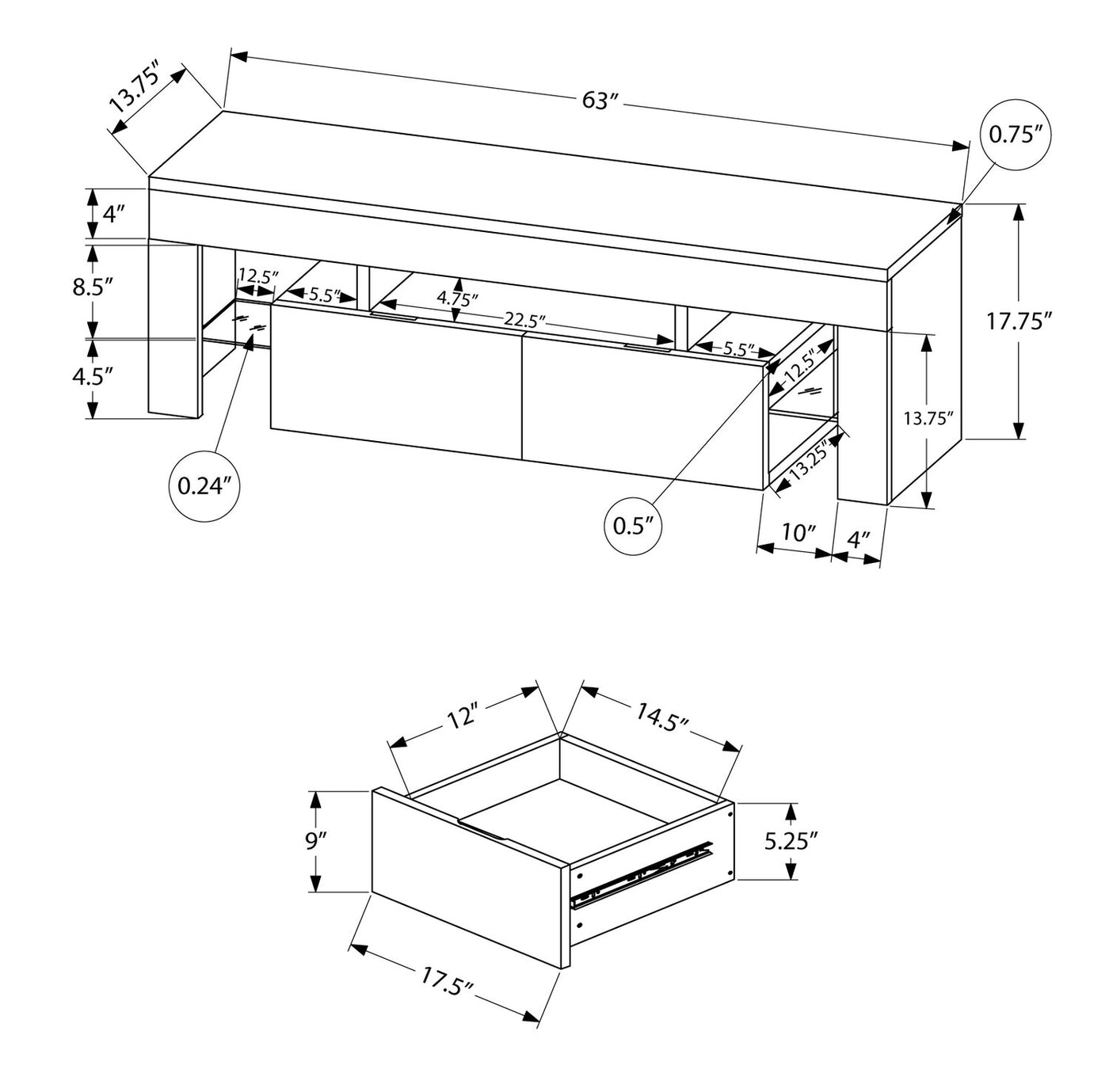 MEUBLE TV - 63"L / BLANC LUSTRE AVEC VERRE TREMPE
